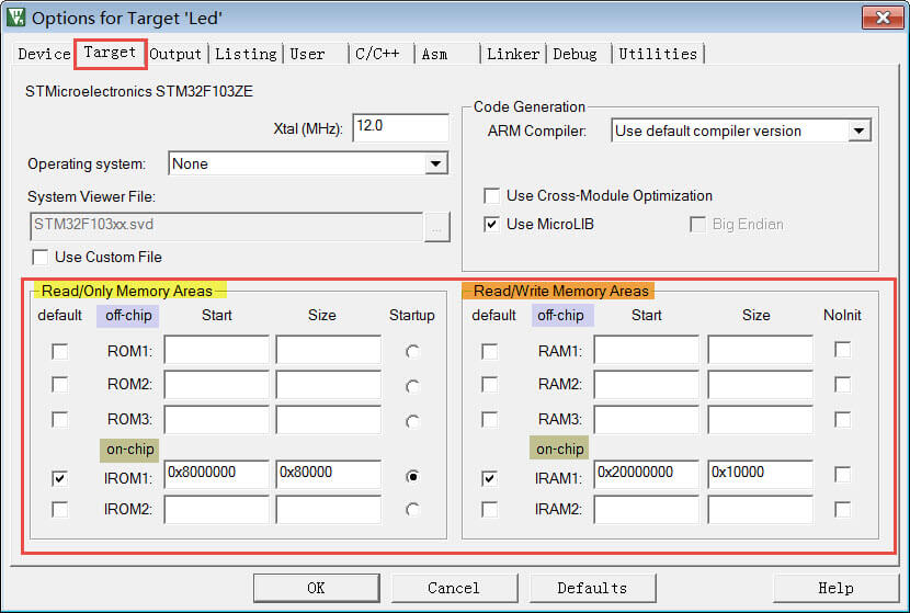 Target对话框中的存储器分配
